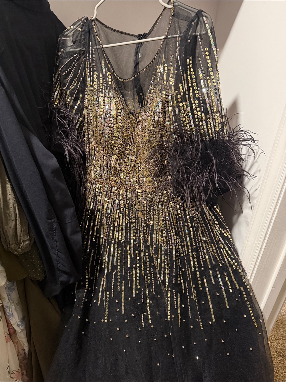 Mac Duggal Black Tulle Gown with Gold Sequin & Feather Cuffs